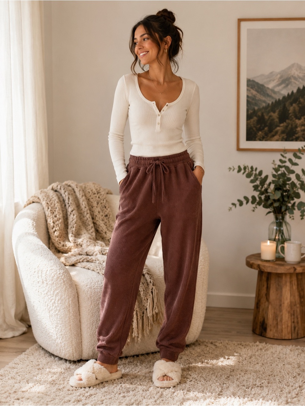 SKIMS Ribbed Drawstring Joggers in Chocolate Brown